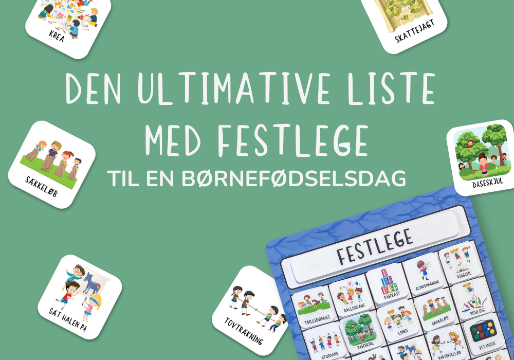 billede med festlege piktogrammer og teksten den ultimative liste med festlege til en børnefødselsdag