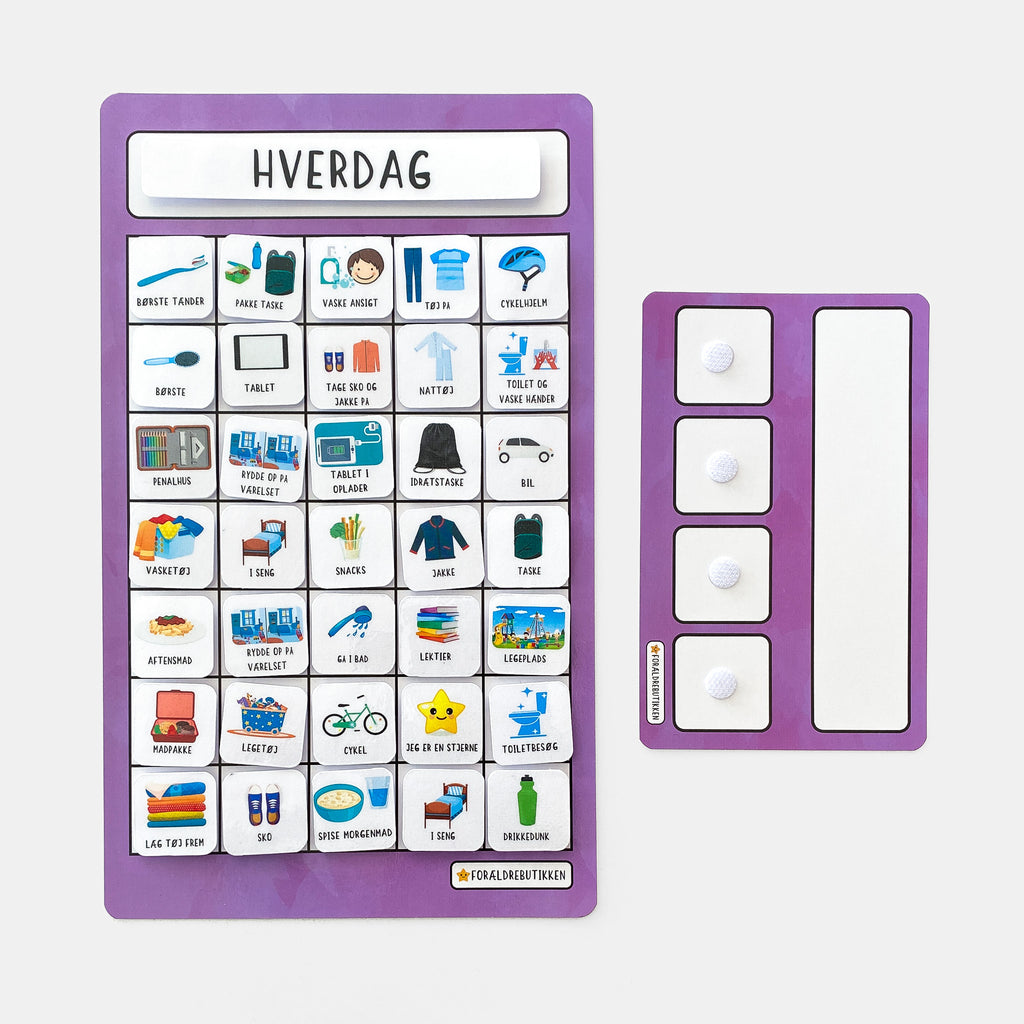 hverdags piktogramsæt med rutine flapper og tjeklister i VL med lille skema