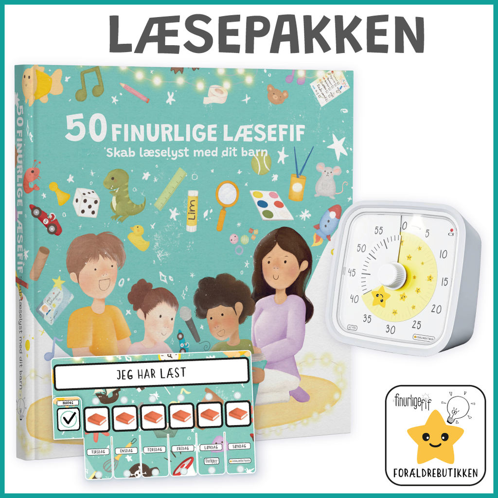 Forældrebutikkens visuelle timer samt special designede læselyst tjekliste til familiens læsestunder